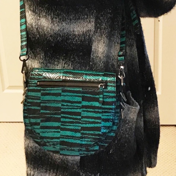 Rebecca Minkoff ‘Astor’ Green & Black Snakeskin Leather Saddlebag Crossbody - Picture 3 of 7